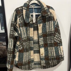 Mystree Plaid Teddy Jacket in Cream and Brown